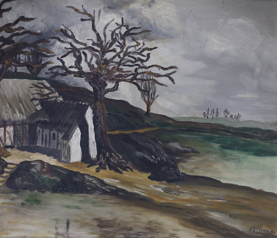F. Hellier, oil on canvas, Barn in a landscape, signed, 45 x 54cm
